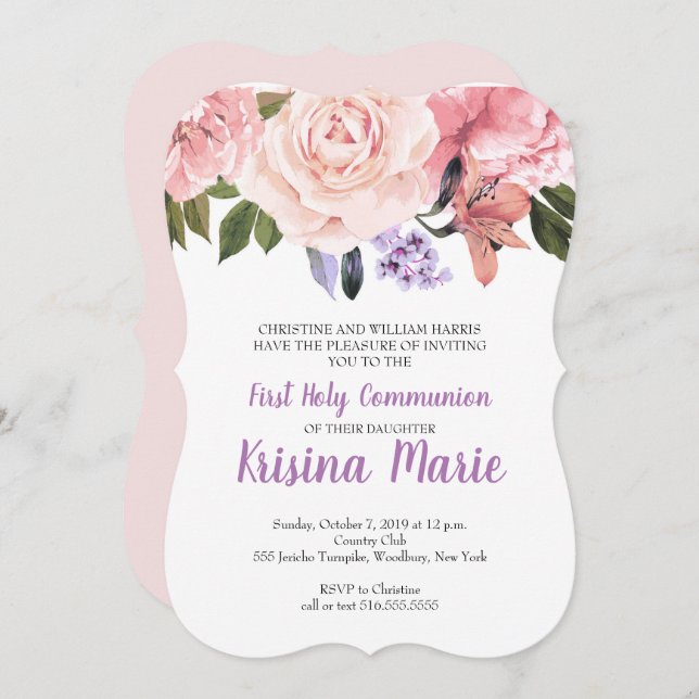 Convites Roxo, Blush, Floral Branco Primeira Comunhão Sagra (Frente/Verso)