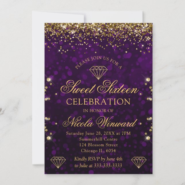 Convites Roxo Bokeh & Brilho Dourado Sweet 16 (Frente)