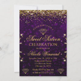 Convites Roxo Bokeh & Brilho Dourado Sweet 16