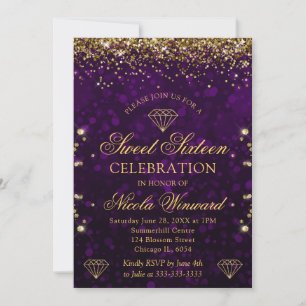 Convites Roxo Bokeh & Brilho Dourado Sweet 16