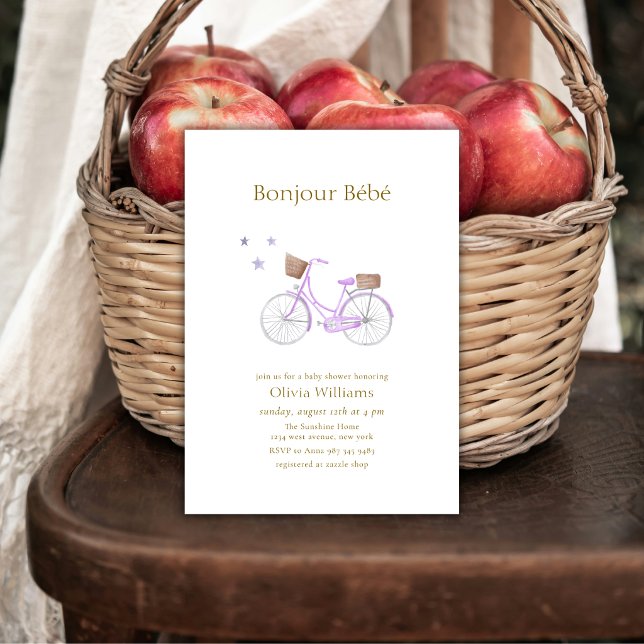Convites Roxo Bonjour Bébé Star Bicicleta Chá de Bebê (Purple Bonjour Bébé Star Bicycle Baby shower Invitation)