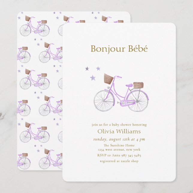 Convites Roxo Bonjour Bébé Star Bicicleta Chá de Bebê (Frente/Verso)