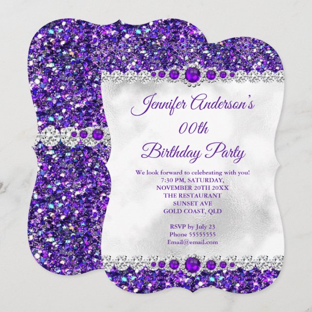 Convites Roxo Branco Brilho Pérola Diamante Festa de Aniver (Frente/Verso)