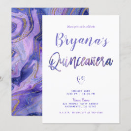 Convites Roxo Branco Dourado Mármore Chic Glam 15 Quinceañe