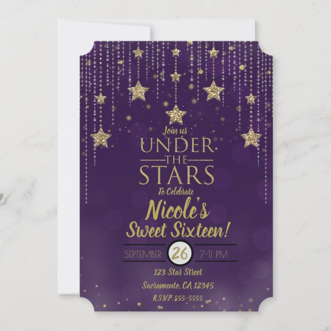 Convites Roxo & Bronze Sob As Estrelas Estrelado Sweet 16 (Frente)