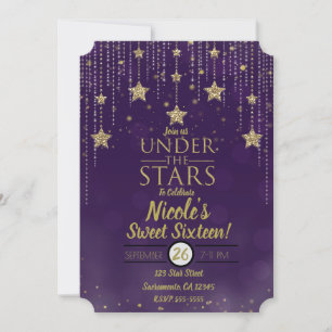 Convites Roxo & Bronze Sob As Estrelas Festa Sweet 16 Estre
