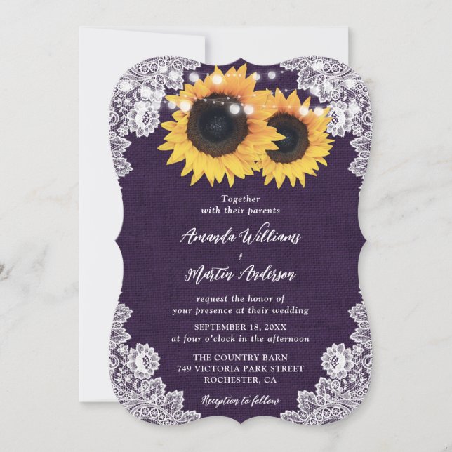 Convites Roxo Burlap Floral Lace Hearts Sunflower Casamento (Frente)