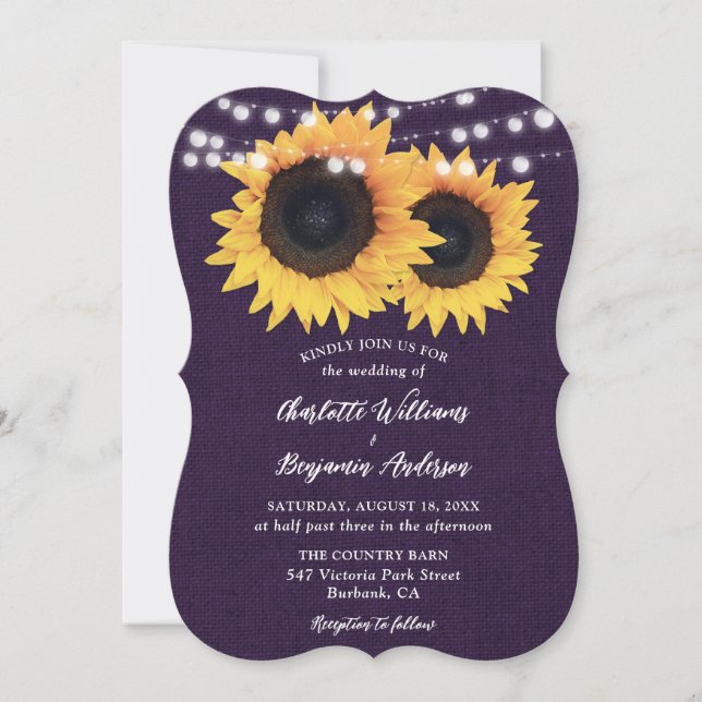 Convites Roxo Burlap String Luz Sunflower Weding (Frente)