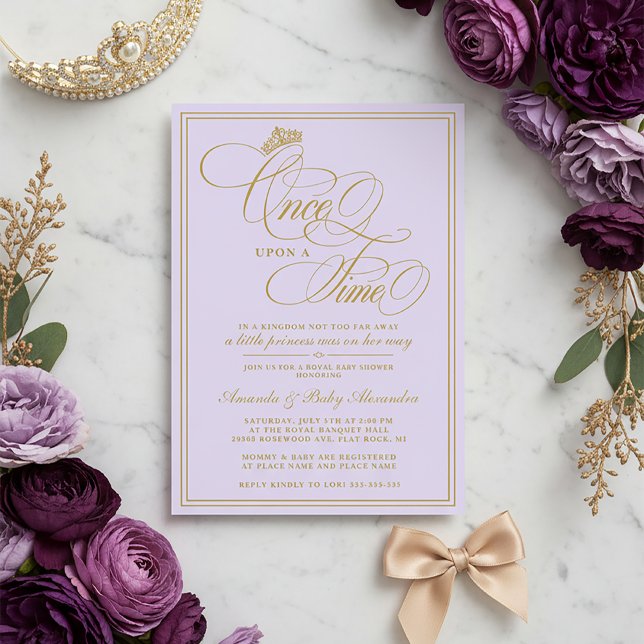 Convites Roxo Chá de Bebê da Princesa Era Uma Vez (Purple and Gold Princess Baby Shower Invitation | Once Upon a Time Baby Shower Invite)