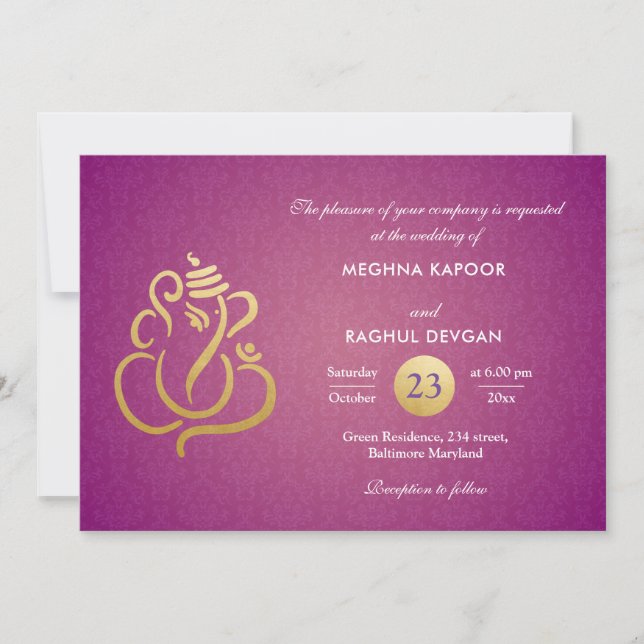 Convites Roxo Chic Gold Foil Ganesha Indian Damask  (Frente)