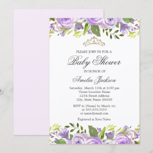 Convites roxo Chuveiro de Bebê Floral em Aquarela Elegante