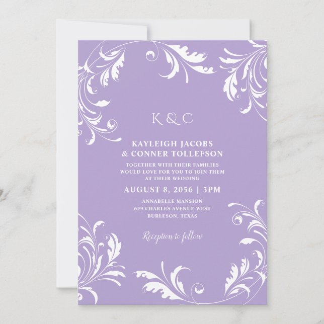 Convites Roxo Claro Casamento Vintage Elegante Formal (Frente)