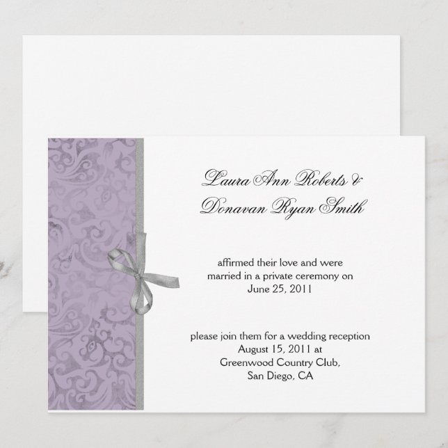 Convites Roxo Claro Cinza Branco Damask Pós-Casamento (Frente/Verso)