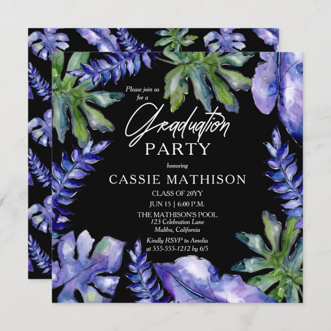 Convites Roxo de Folhas Tropicais | Festa de formatura verd (Frente/Verso)