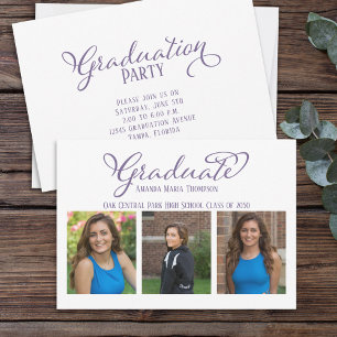Convites Roxo de Graduação de Script Elegante Multifotogr