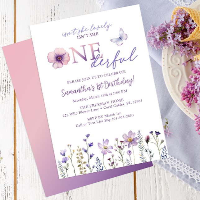 Convites Roxo de Maravilha Maravilhosa Primeiro Aniversário (Onederful Wildflower Birthday Invite)
