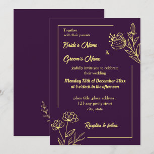 Convites Roxo de ouro elegante romântico