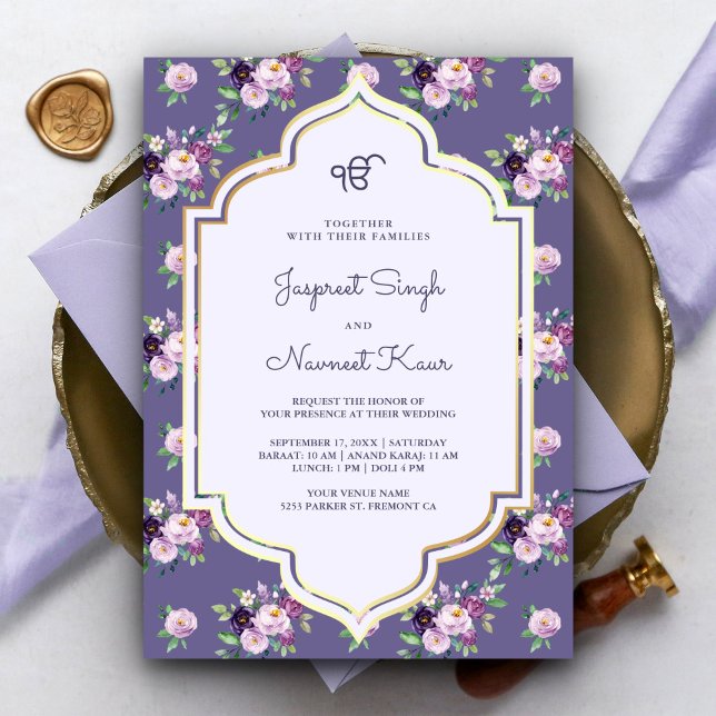 Convites Roxo de Vinca Floral Anand Karaj Casamento Sikh (Criador carregado)