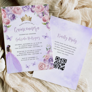 Convites Roxo Desvanecido Aquarela Floral Código QR Quincea