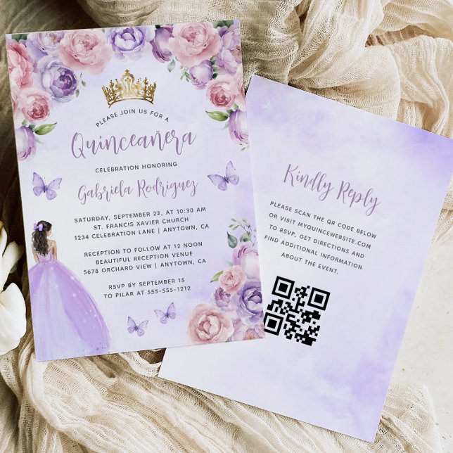 Convites Roxo Desvanecido Aquarela Floral Código QR Quincea (Criador carregado)