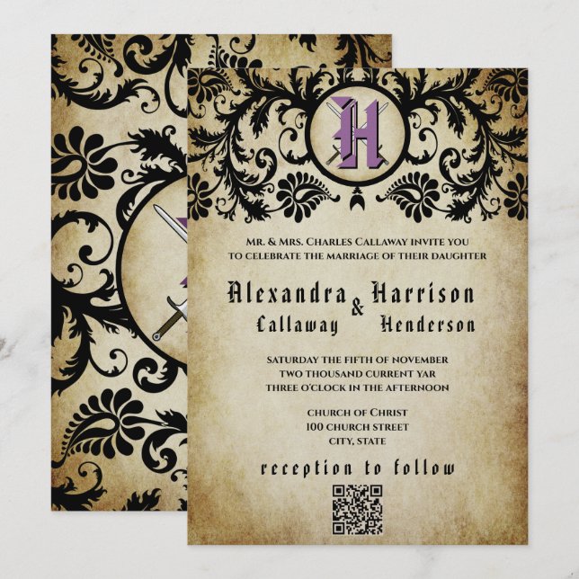 Convites Roxo & Dourado Casamento Medieval Idade Média Dama (Frente/Verso)