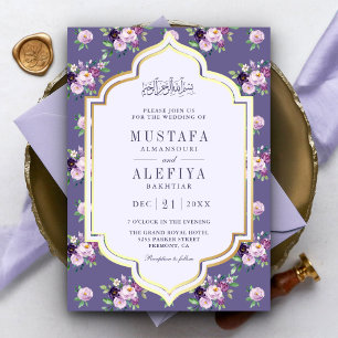 Convites Roxo Dourado Floral Periwinkle Casamento Muçulmano