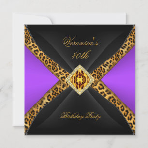 Convites Roxo Dourado Leopardo Negro Jóia 40º Aniversário