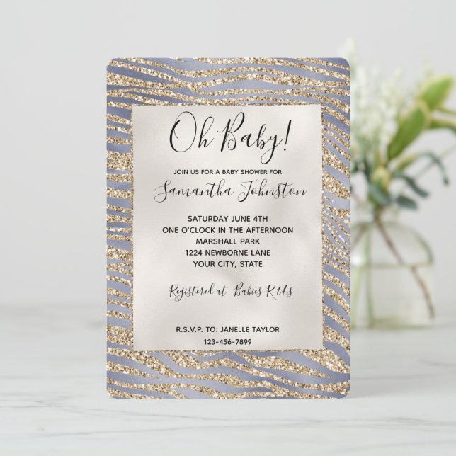 Convites Roxo Dourado Luxo Glitter Estampa de Zebra (Em pé/Frente)