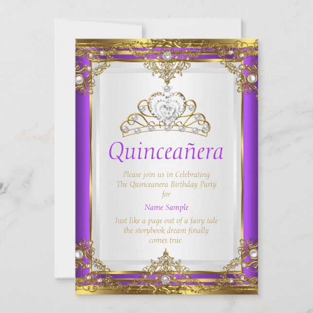 Convites Roxo Dourado Pérola Branca Princesa Quinceanera (Frente)