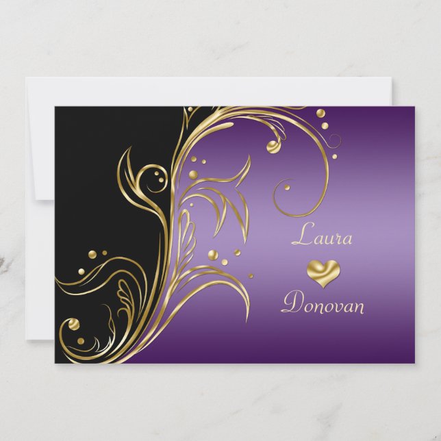 Convites Roxo Dourado Preto com Redemoinhos Florais Apenas  (Frente)