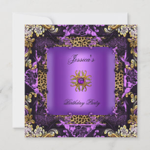 Convites Roxo Dourado Preto Floral Aniversário Festa Leopar