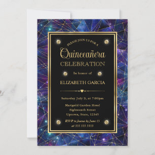 Convites Roxo & Dourado Quinceanera Cristal Galáxia Meia-No