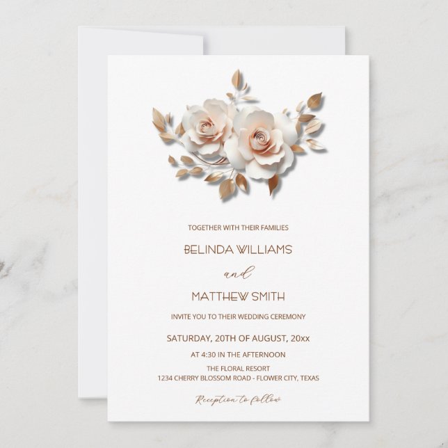 Convites Roxo Dourado Rosas 3D Flores Simples (Frente)