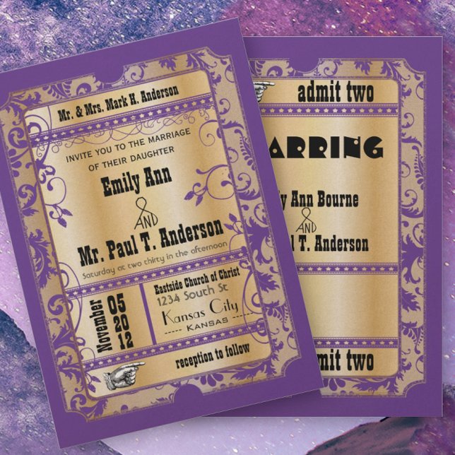 Convites Roxo Dourado Rústico Antigo Bilhete Casamento (Criador carregado)