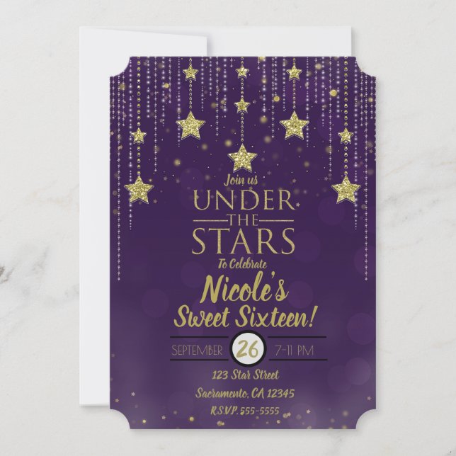 Convites Roxo & Dourado Sob as Estrelas Doce 16 Estrelado (Frente)