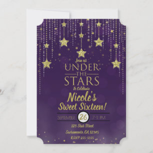 Convites Roxo & Dourado Sob as Estrelas Estrelado Sweet 16