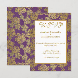 Convites ROXO Dourado VINTAGE LACE RESPOSTA DE CASAMENTO RS