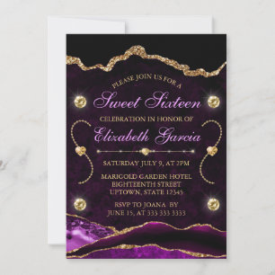 Convites Roxo e Dourado Agata brilhante e mármore Sweet 16