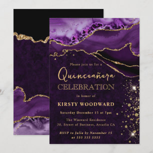 Convites Roxo e Dourado Agata Brilhante Quinceanera