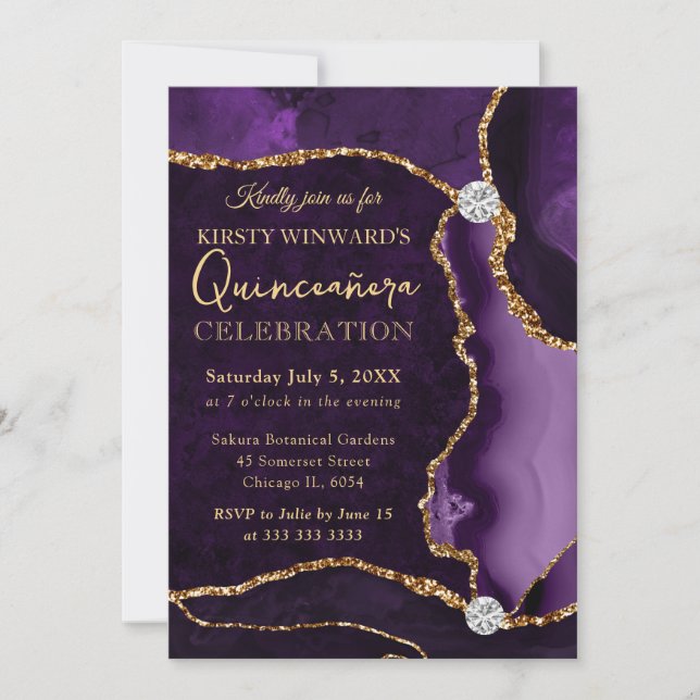 Convites Roxo e Dourado Ágata Falsa Brilho Quinceanera (Frente)