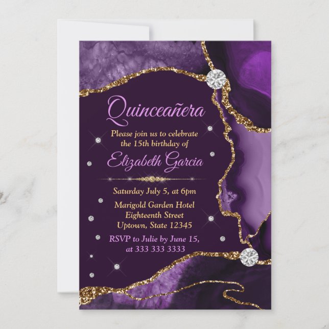 Convites Roxo e Dourado Ágata Falsa Brilho Quinceanera (Frente)