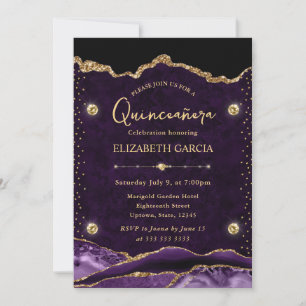 Convites Roxo e Dourado Brilho Ágata Quinceanera