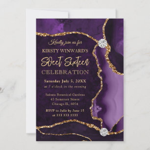 Convites Roxo e Dourado Brilho Falso Ágata Doce 16