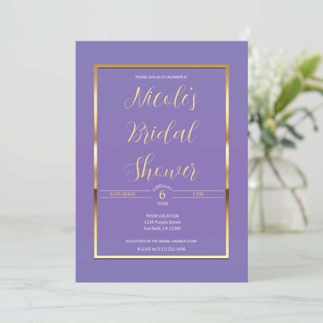 Convites Roxo e Dourado Chá de Noiva Glamour Moderno e Eleg (Em pé/Frente)