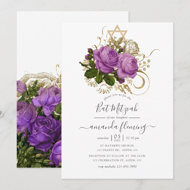 Convites Roxo e Dourado Chic Vintage Floral Bat Mitzvah (Frente/Verso)