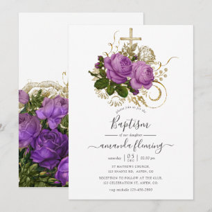 Convites Roxo e Dourado Chic Vintage Floral Batismo