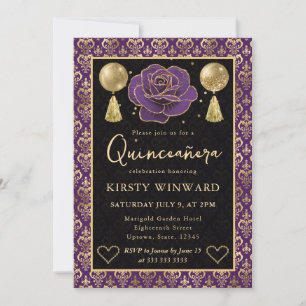 Convites Roxo e Dourado Coração Damasco e Rosa Quinceanera