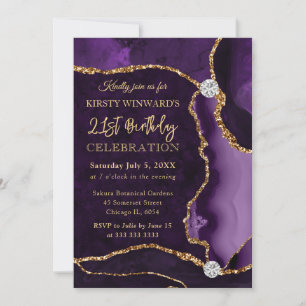 Convites Roxo e Dourado Falso Brilho Ágata Aniversário