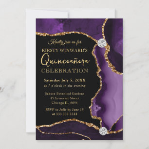 Convites Roxo e Dourado Falso Brilho Ágata Quinceanera