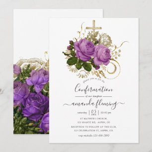 Convites Roxo e Dourado Floral Chic Vintage Confirmação